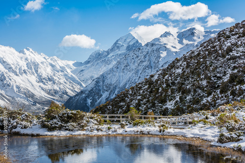 Mount Cook with lake reflection in winter