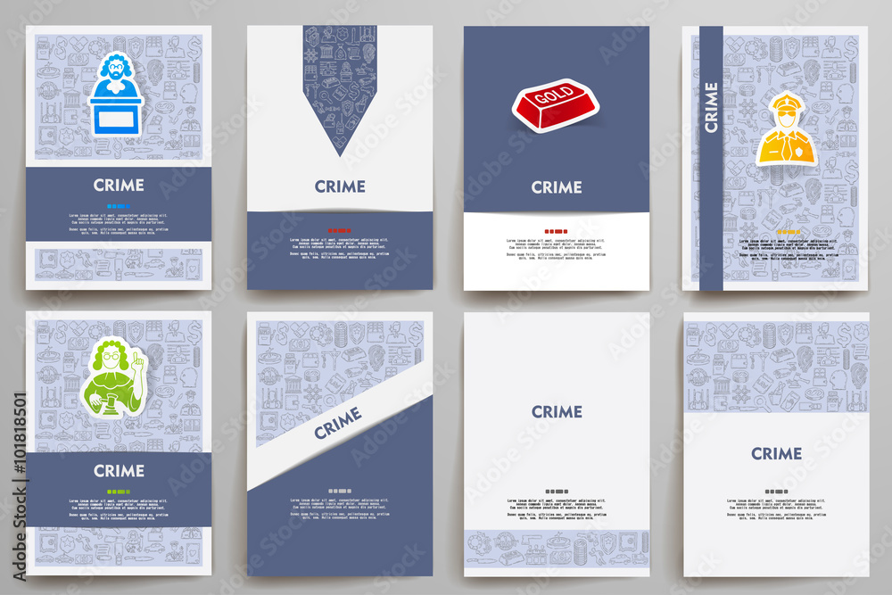 Corporate identity vector templates set with doodles crime theme