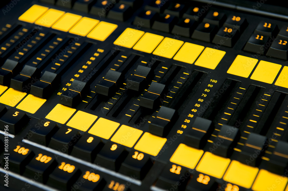 Sound mixer control panel, closeup.