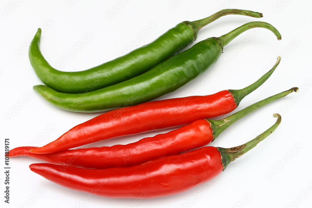 Red and green hot chili pepper, paprika isolated