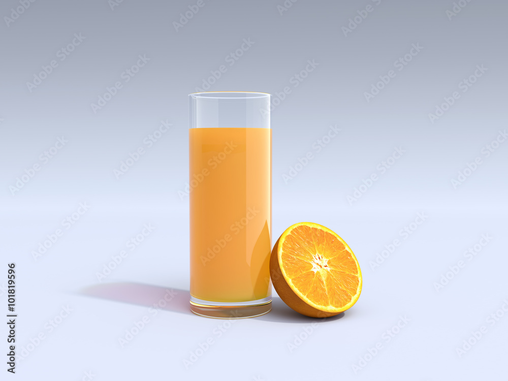 Glass of orange juice and half of orange isolated on white bacground. 3D illustration Glass of orange juice and half of orange isolated on white bacground. 3D illustration