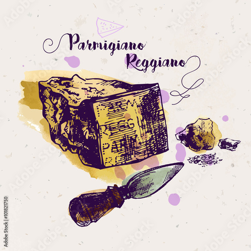 Hand drawn parmesan (parmesano reggiano) and cheese knife