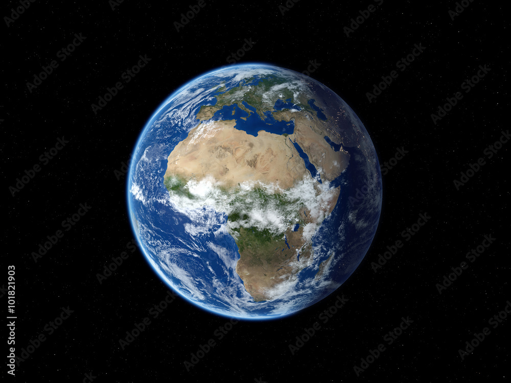 Earth from space. View to Europe and Africa in daytime. 3D illustration.
