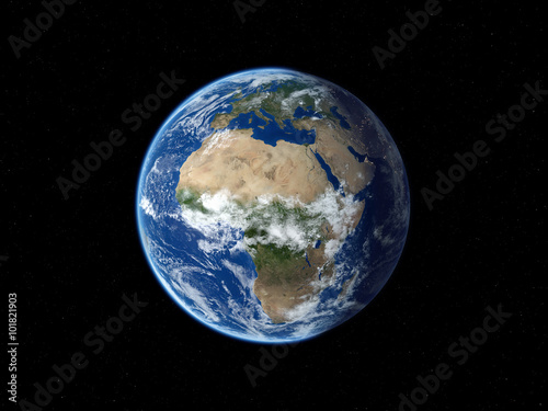 Earth from space. View to Europe and Africa in daytime. 3D illustration.