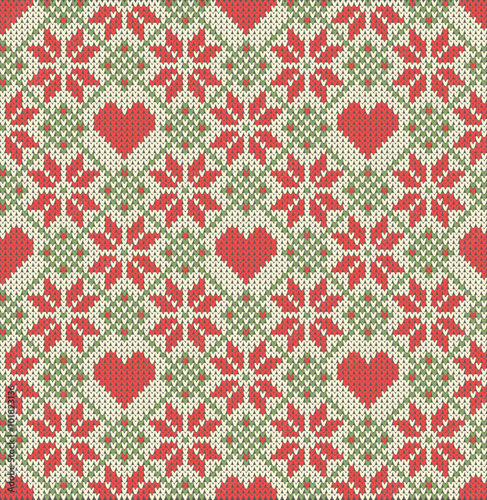 Seamless pattern on the theme of Valentine's Day with an image of the Norwegian patterns and hearts. Wool knitted texture