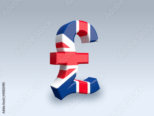 3D pound sign (GBP) isolated on white background. The icon is covered with a flag of United Kingdom.