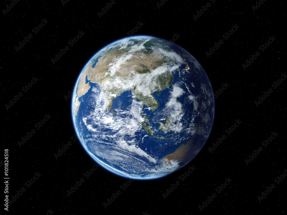Earth from space. View to Asia in daytime. 3D illustration.