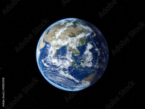 Earth from space. View to Asia in daytime. 3D illustration.