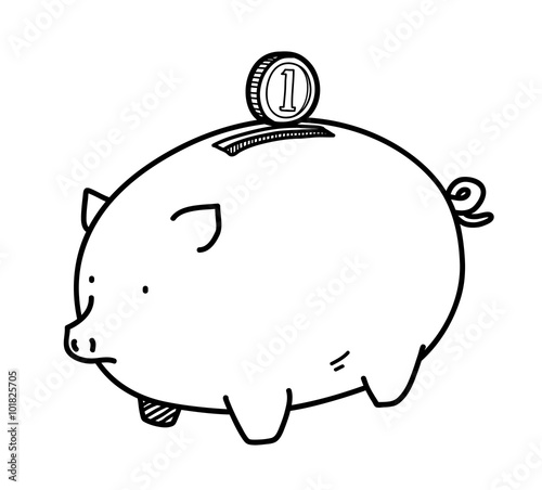 Piggy Bank Doodle, a hand drawn vector doodle illustration of a piggy bank and a coin, illustrating a personal savings, banking, or investment concepts.