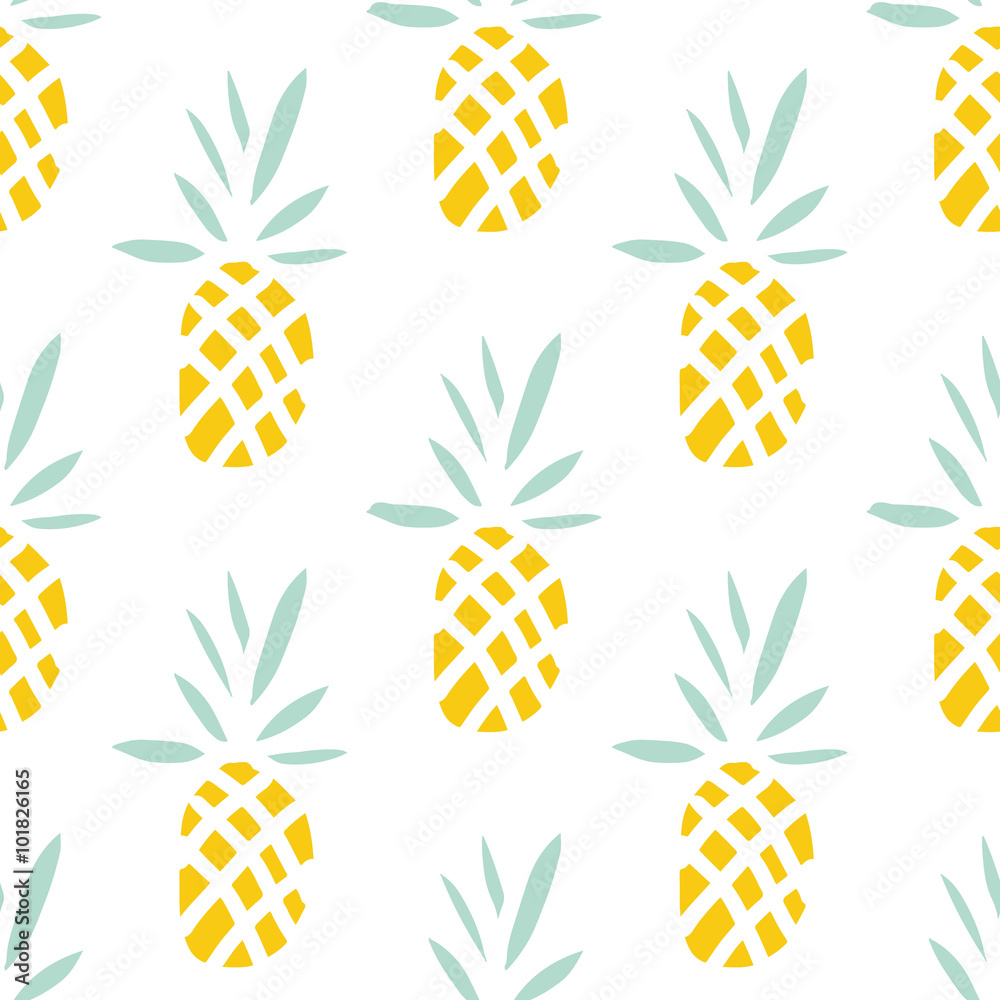 Pineapples on the white background. Vector seamless pattern with tropical fruit.