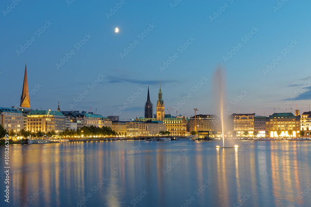 The center of Hamburg with the Binnenalster lake at dawn