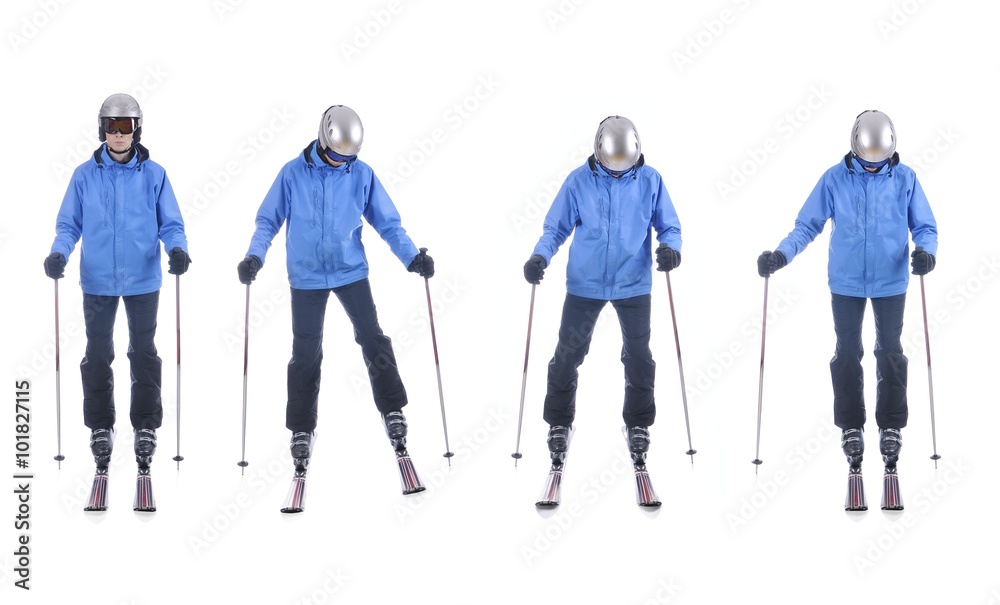 Skiier demonstrate how to move sideways. Step by step instructio Skiier demonstrate how to move sideways. Step by step instructio