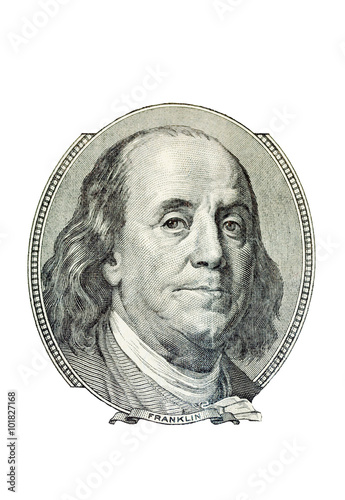Portrait of Benjamin Franklin on the one hundred dollar bill, isolated on white