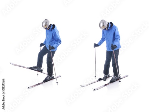 Skiier demonstrate how to take off the skis. Step by step instru