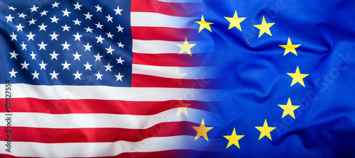 EU and USA. Euro flag and USA flag.