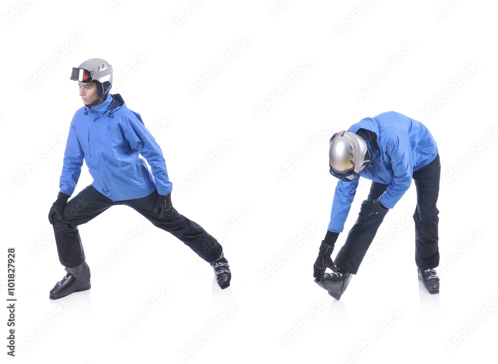 Skiier demonstrate warm up exercise for skiing. Dinamic stretch. Skiier demonstrate warm up exercise for skiing. Dinamic stretch.