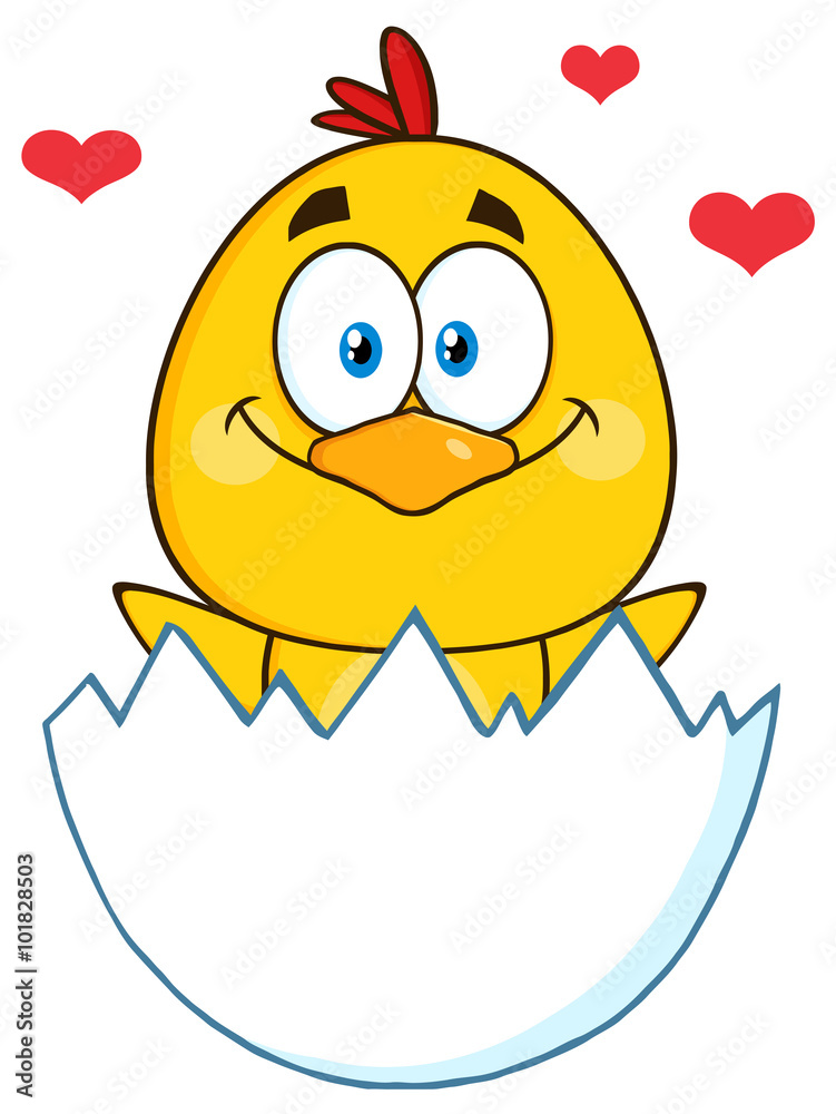 Happy Yellow Chick Cartoon Character Hatching From An Egg With Hearts