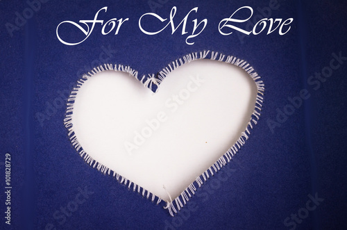 blue paper and white heart cutout closeup, for my love text photo