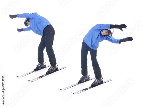 Skiier demonstrate warm up exercise for skiing. Bend sideways.