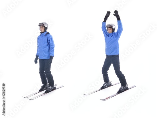 Skiier demonstrate warm up exercise for skiing. Jumping Jacks wi