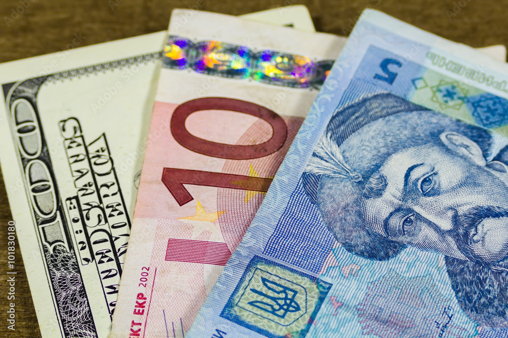 Obraz premium dollars, euro and hryvnia