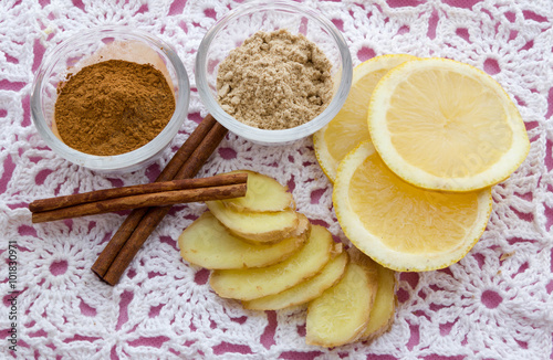Fototapeta Naklejka Na Ścianę i Meble -  ginger lemons cinnamon, healthy foods for colds