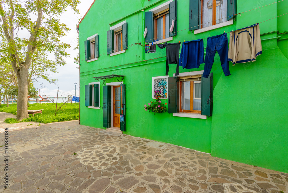 Colorful apartment building in Burano, Venice, Italy.