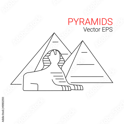 Sphinx and Pyramid, Egypt. Vector line icon isolated on white background.