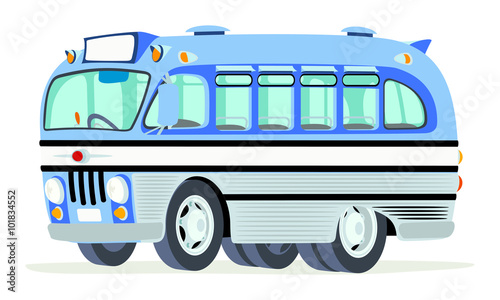 Caricatura autobus urbano antiguo azul vista frontal y lateral