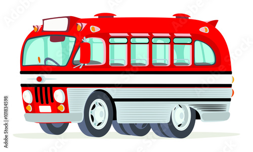 Caricatura autobus urbano antiguo rojo vista frontal y lateral