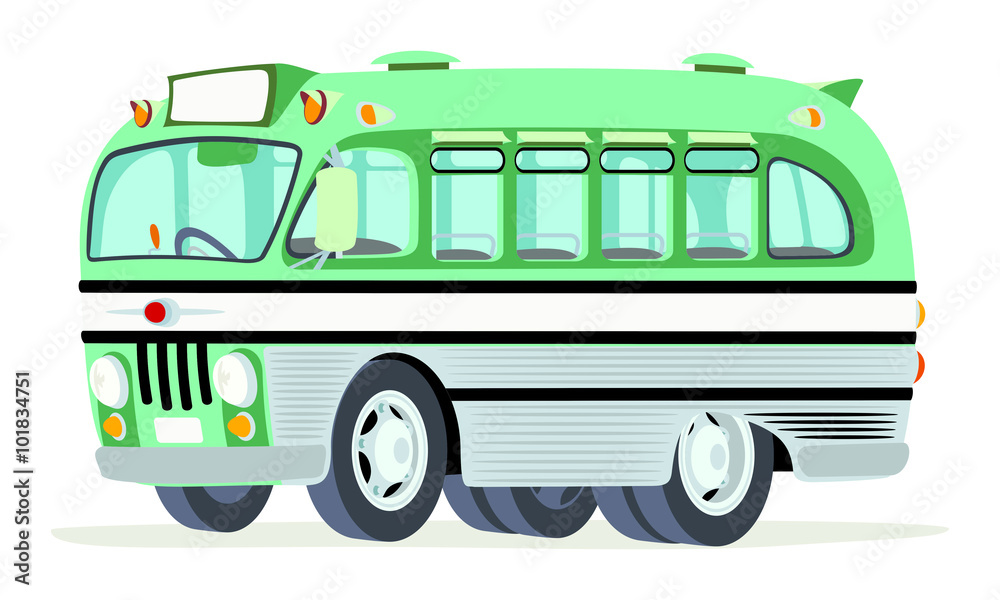 Caricatura autobus urbano antiguo verde vista frontal y lateral