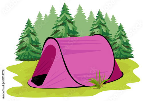 pink camping tent standing on a glade on the background of coniferous forest