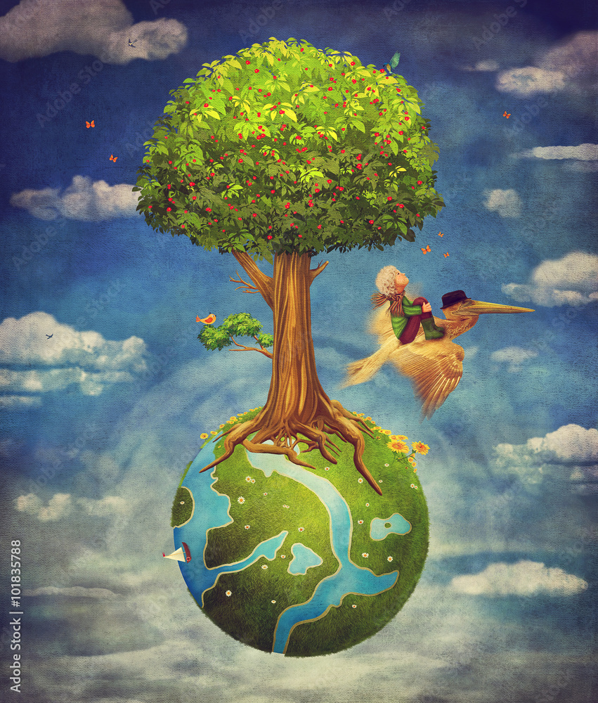 Εκτύπωση καμβά The little boy and brown pelican fly in the sky with  beautiful woodland scene w
