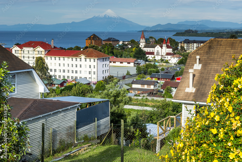 View of the city of Puerto Varas and Llanquihue lake and Osorno volcano (Chile) 
