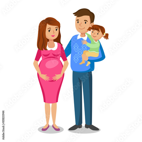 Typical family in love, little girl and parents, pregnant woman