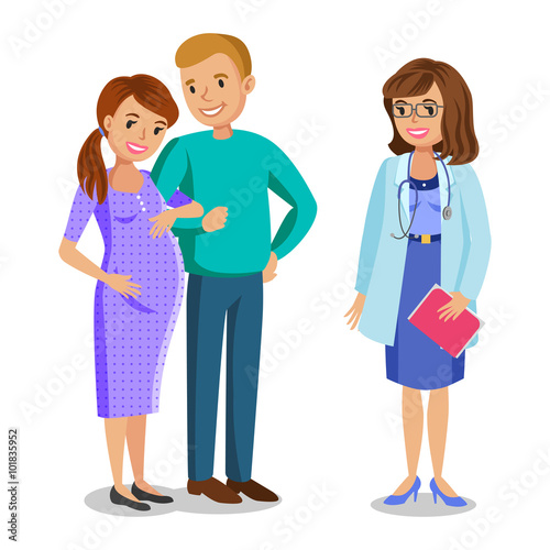Family visiting doctor, expectant parents, pregnant woman