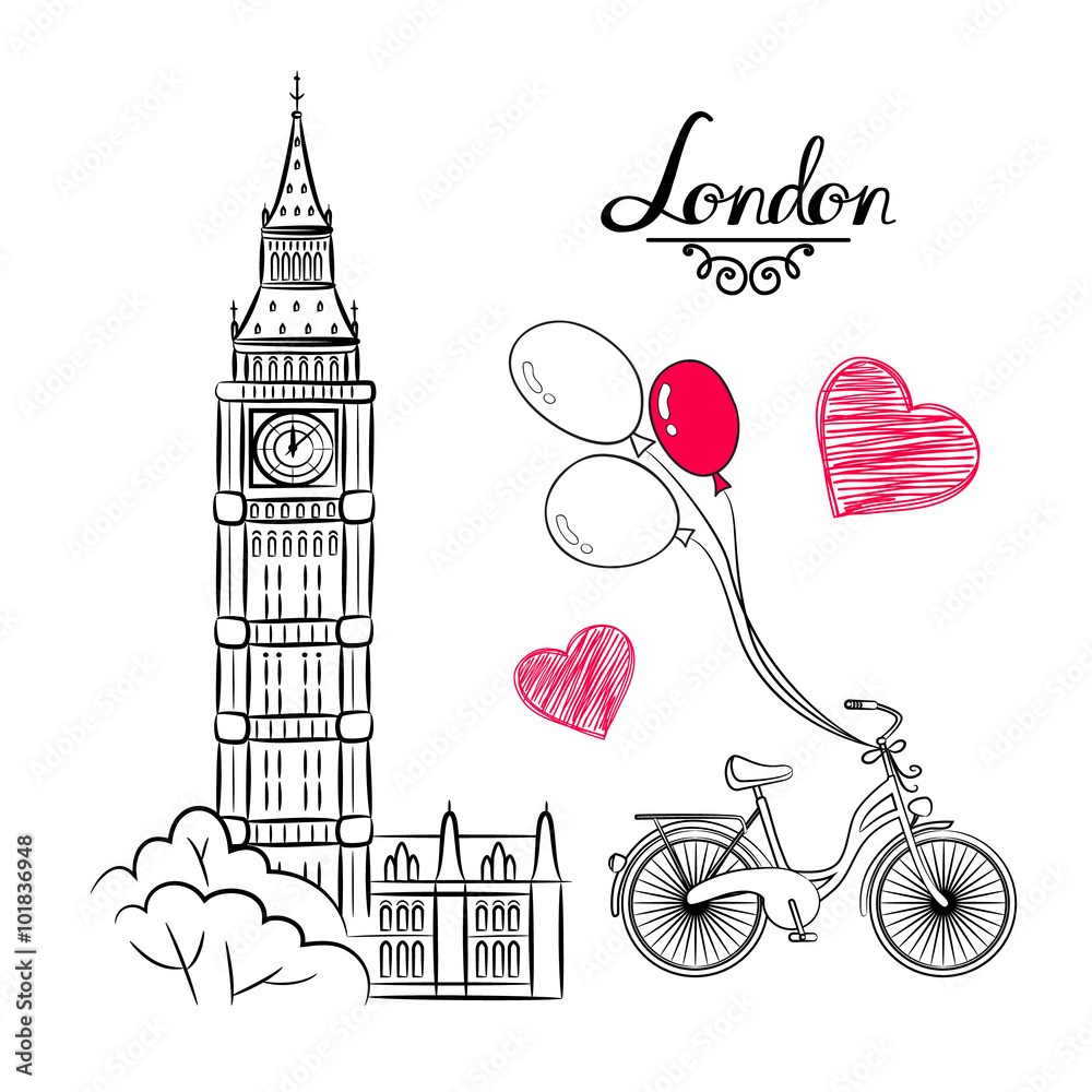 Φωτογραφία hand sketch World famous landmark collection : Big Ben London, England, bike, balloons