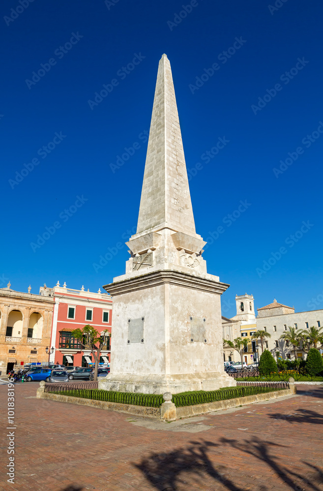 Placa des born square obelisk at Cuitadella de Menorca, Spain.