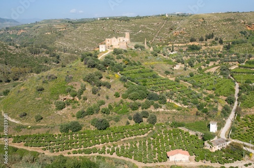 Ruins Castello di Poggiodiana in the valley river Verdura, near town Ribera, Sicily, Italy