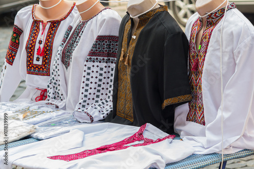 Ukrainian embroidery on the counter. Travel and souvenirs