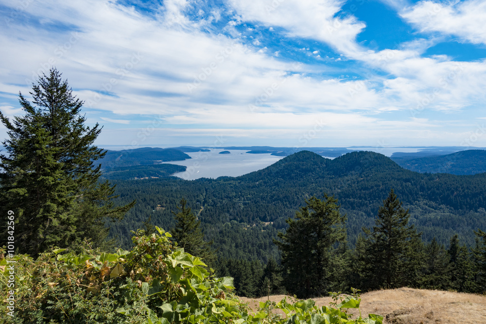 Orcas Island View of the Puget Sound, Forests, and Mountain Peaks from Eastsound, Washington