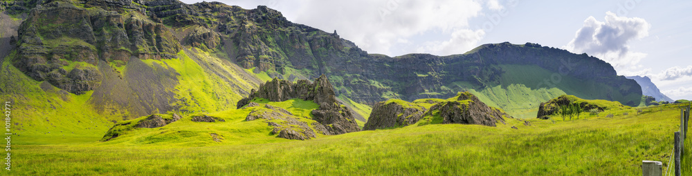 panorama with stones in green canyon in Iceland