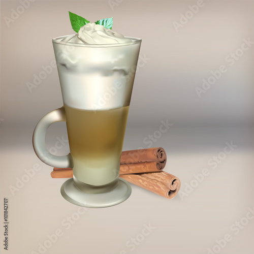 tall glass cup of cappuccino with whipped cream made layers, iso