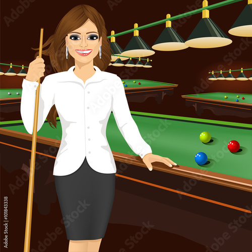 beautiful business woman holding cue stick