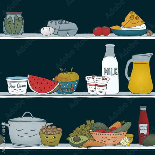 Cute illustration of different food items, asleep in a dark fridge (in English)