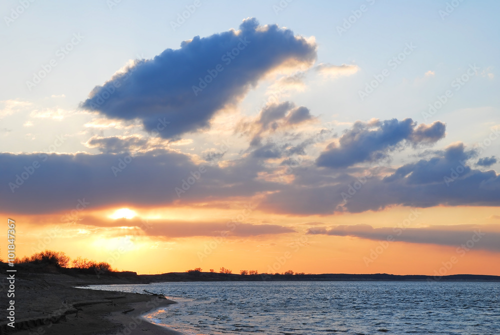 Sunset on the Volga river in the spring
