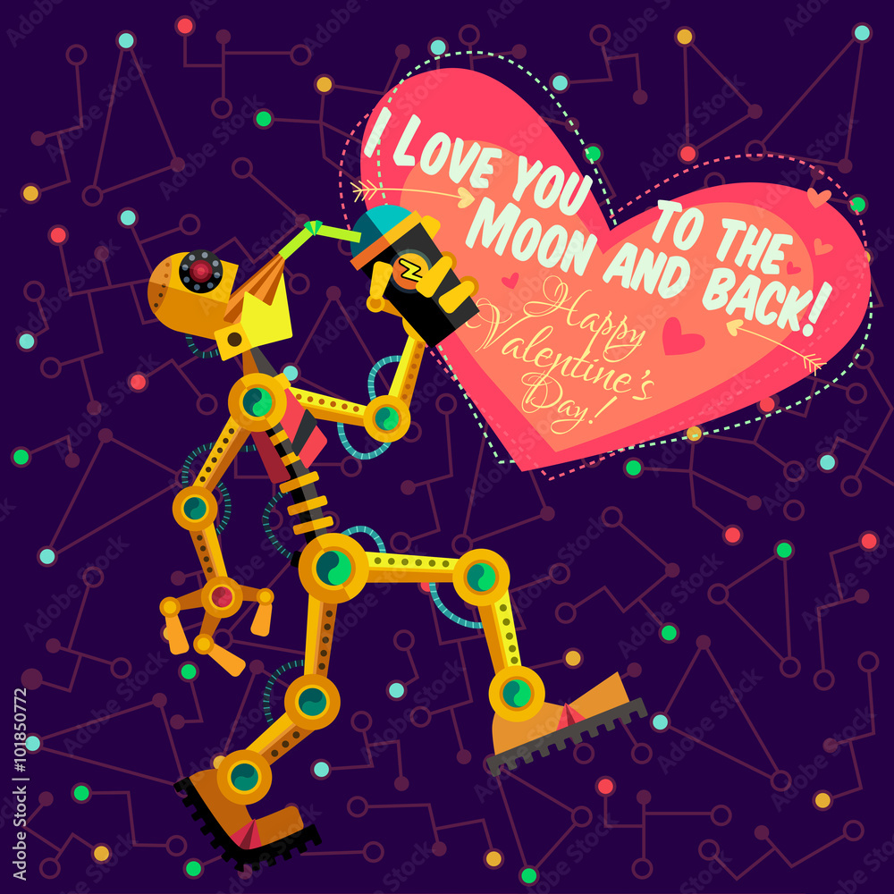 Fototapeta premium Vector illustration in flat style about Robot. Greeting card