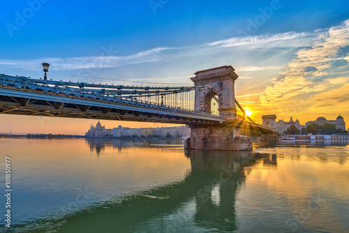 sunrise at Budapest city and Chain Bridge , Budapest , Hungary