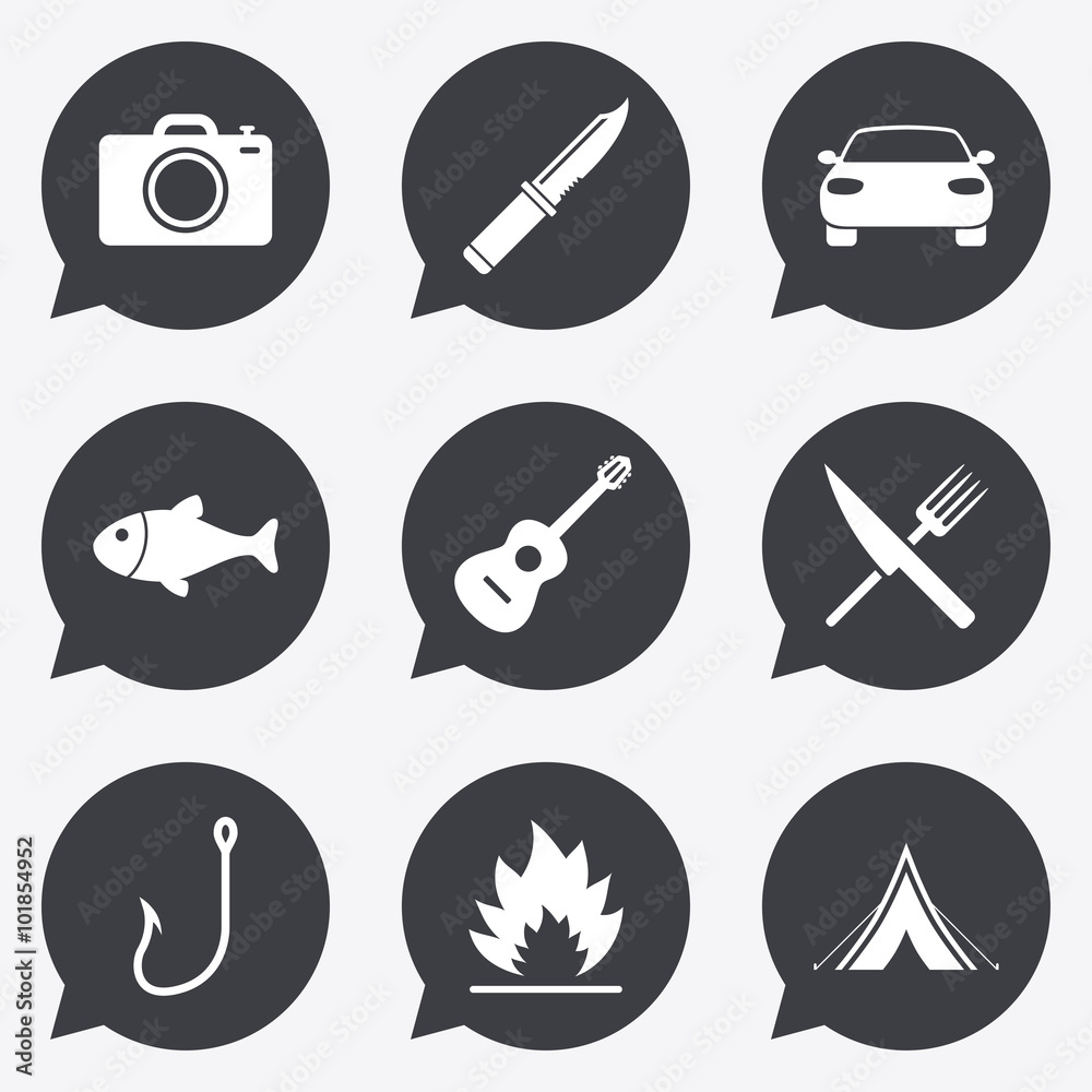 Camping travel icons. Fishing, tourist tent.