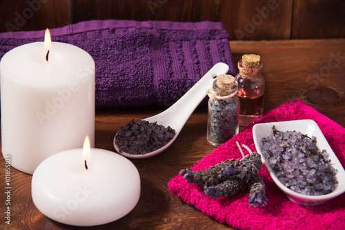 Spa candle and lavender flower bath salts massage oil